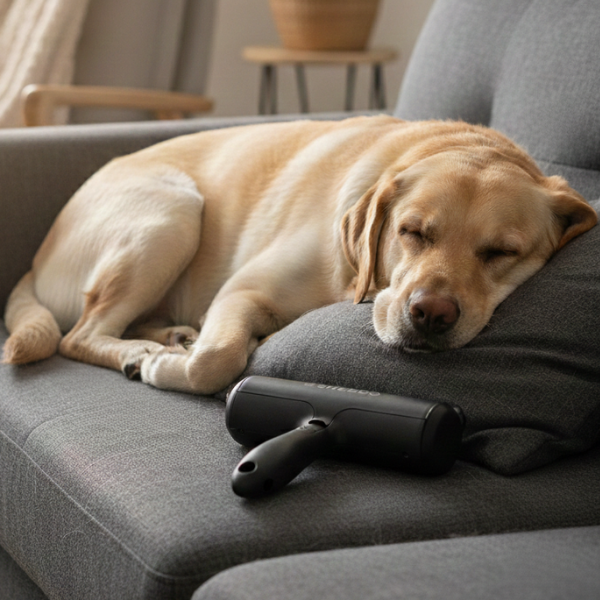 Un perro Golden Retrivier durmiendo en un sofa y el produto Sheddo rodillo removedor de pelos de perros acostado sobre ese mismo sofá.