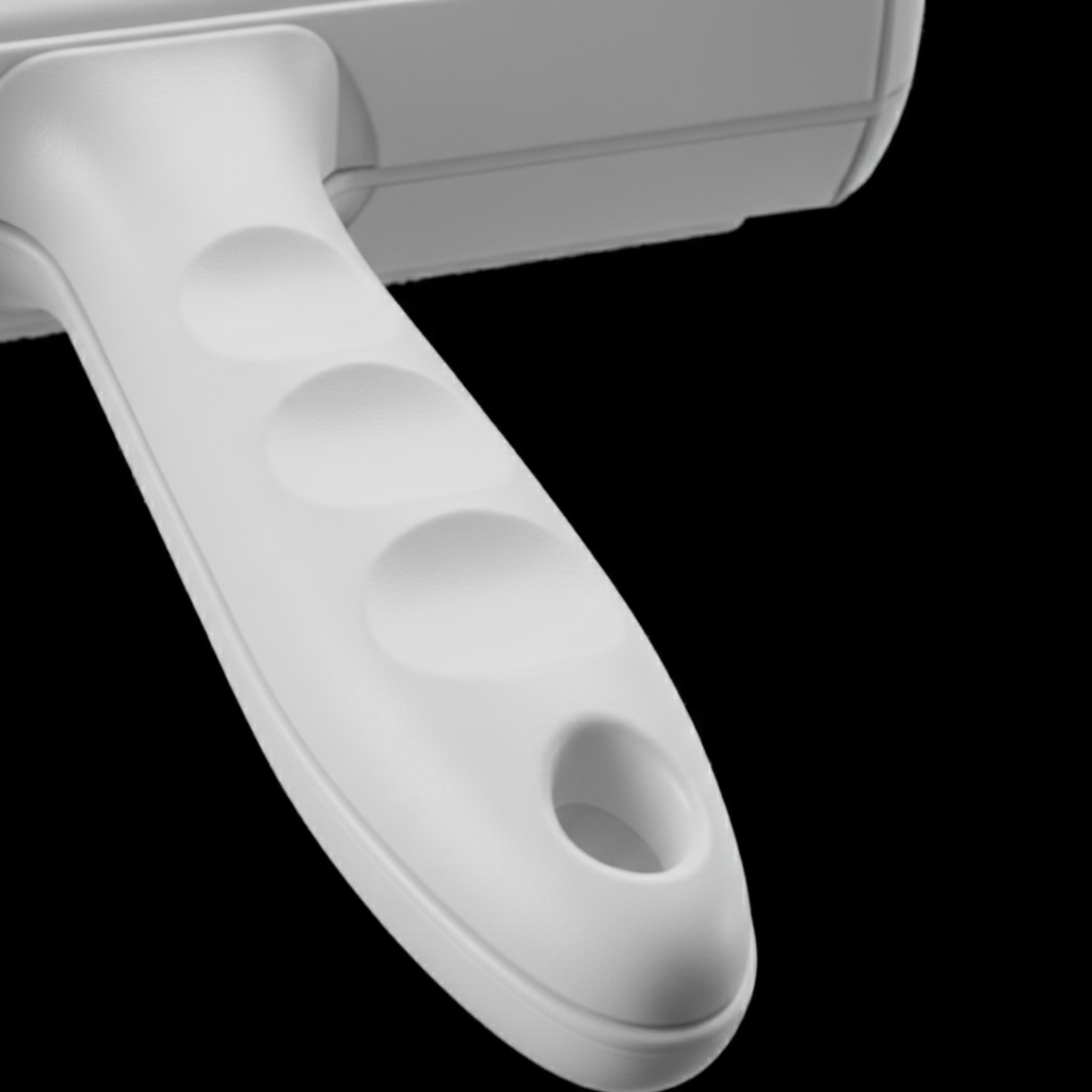 Imagen del mango ergonómico del producto rodillo removedor de pelos Sheddo en blanco en fondo negro.