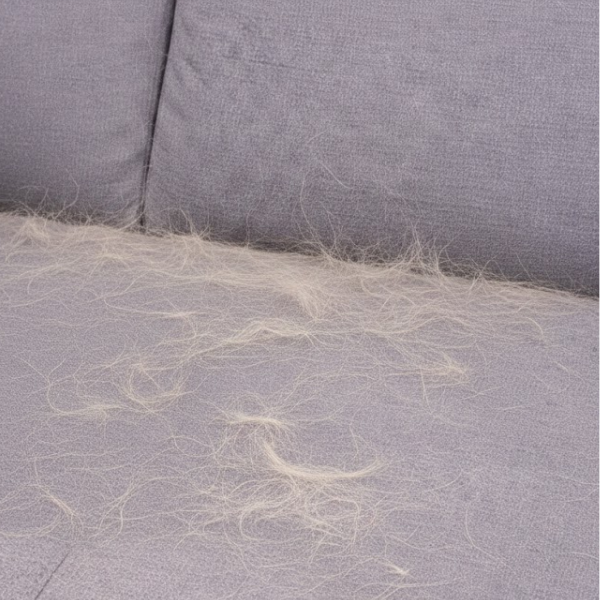 Foto de un sofá con muchos pelos de mascota arriba.